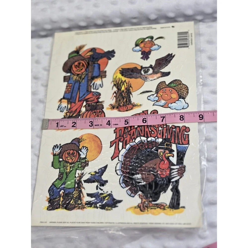 Vintage Halloween Window Clings Thanksgiving Decorations Scarecrow Turkey New 80